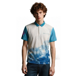 【Design Gradient Blue Printed Short-Sleeve Polo Shirt】|Star Arrow Sports Goods|Sports Equipment & Gear Company|White-to-blue gradient main color|Stand collar design|Short-sleeve style|Front print with left chest embroidery details|Product Consultant|Marke 【Design Gradient Blue Printed Short-Sleeve Polo Shirt】|Star Arrow Sports Goods|Sports Equipment & Gear Company|White-to-blue gradient main color|Stand collar design|Short-sleeve style|Front print with left chest embroidery details|Product Consultant|Marke